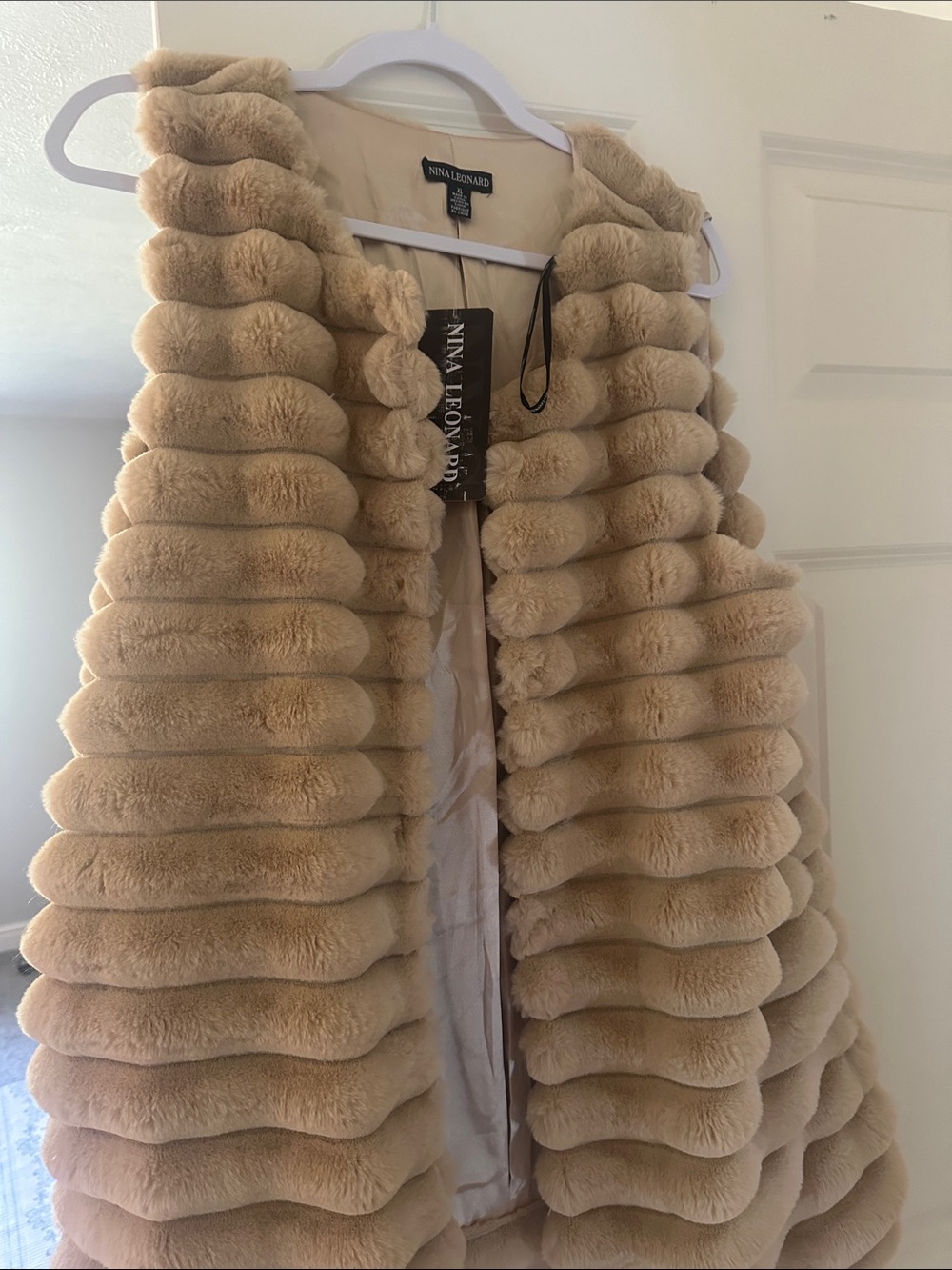 Nina Leonard Plush Ribbed Faux Fur Vest in Light Beige